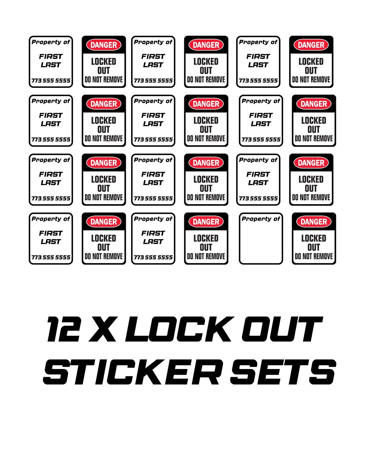12 sets of Custom Lock out Tag out Stickers